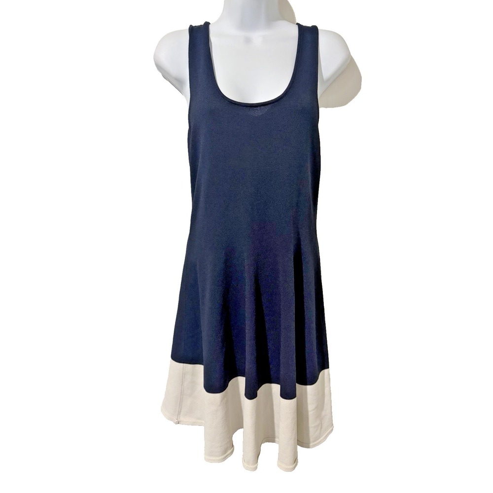Rachel Roy Navy Knit Dress~ M~ Fit & Flare Sleeveless Scoop Nk White Hem Coastal